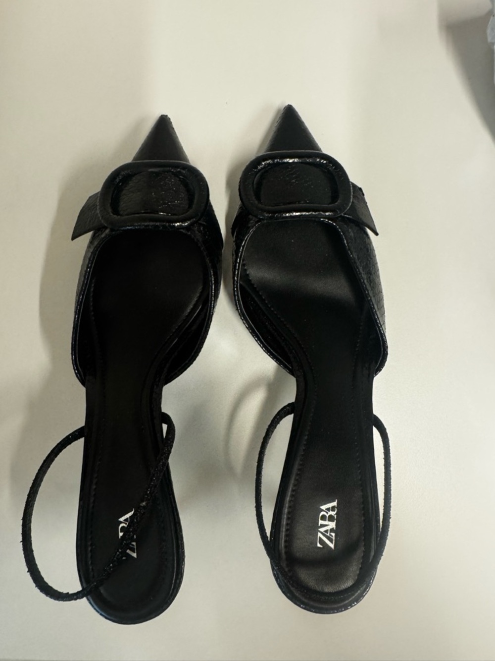 Zara Black Pointed Slingback Flats with Oval Buckle